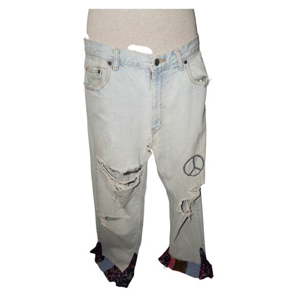 Vintage Calvin Klein USA Distressed Patchwork Jeans Size 34 Peace Sign Y2K - Picture 3 of 11